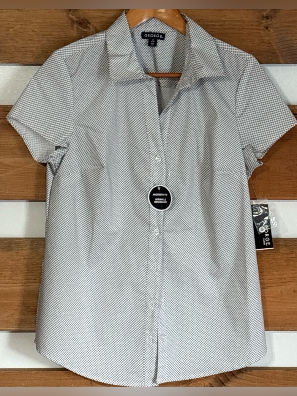 NWT George Black & White Dotted Short Sleeve Button Collared Blouse Size M